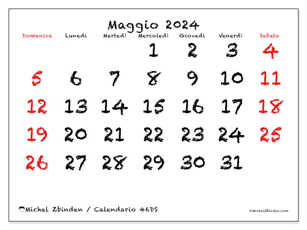 Calendario maggio 2024 “46”. Programma da stampare gratuito.. Da domenica a sabato