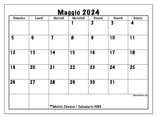 Calendario maggio 2024 “48”. Orario da stampare gratuito.. Da domenica a sabato