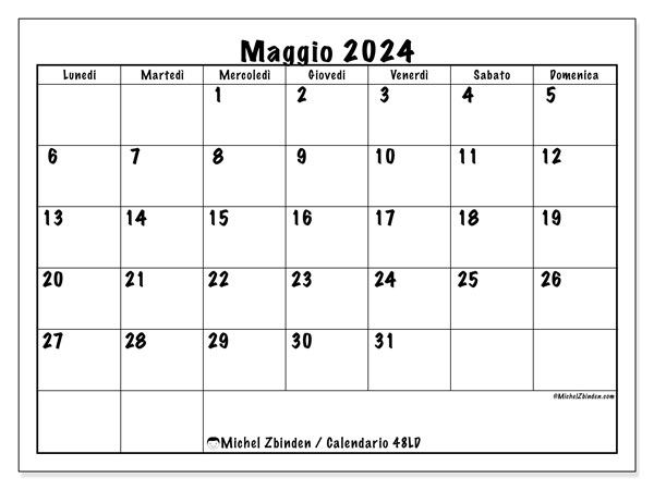 Calendario maggio 2024 “48”. Orario da stampare gratuito.. Da lunedì a domenica