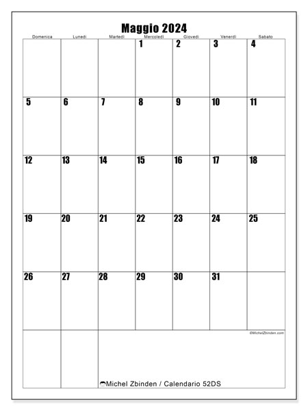 Calendario maggio 2024 “52”. Calendario da stampare gratuito.. Da domenica a sabato