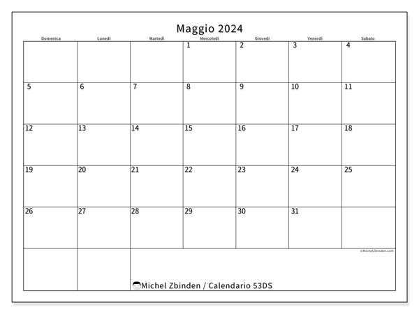 Calendario maggio 2024 “53”. Orario da stampare gratuito.. Da domenica a sabato