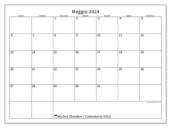 Calendario maggio 2024 “53”. Orario da stampare gratuito.. Da lunedì a domenica