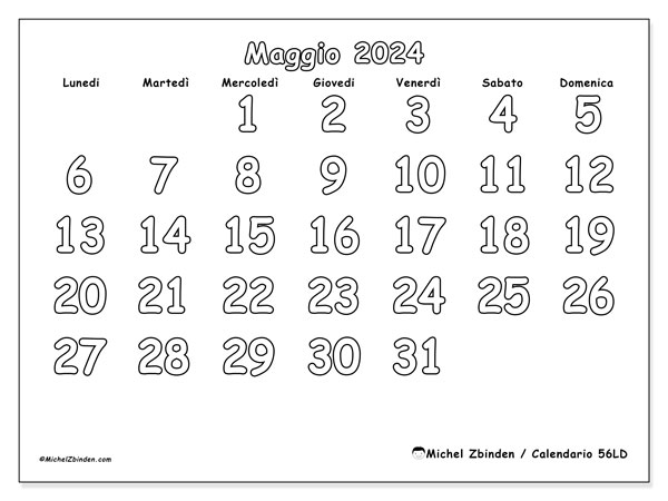 Calendario maggio 2024 “56”. Calendario da stampare gratuito.. Da lunedì a domenica