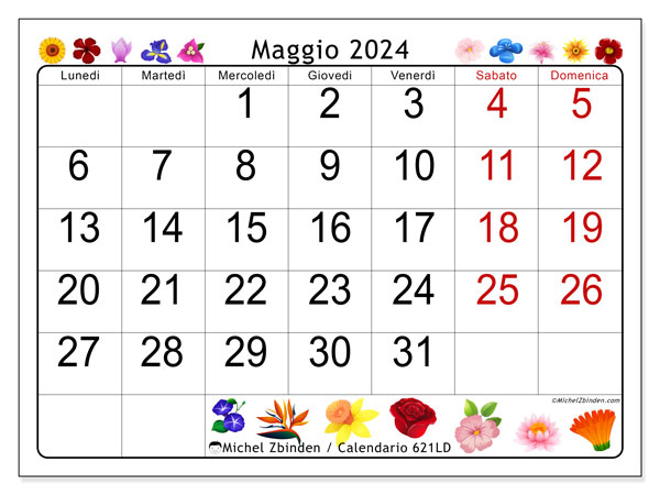 Calendario maggio 2024 “621”. Piano da stampare gratuito.. Da lunedì a domenica