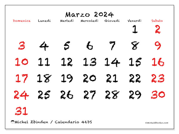 Calendario marzo 2024 “46”. Programma da stampare gratuito.. Da domenica a sabato