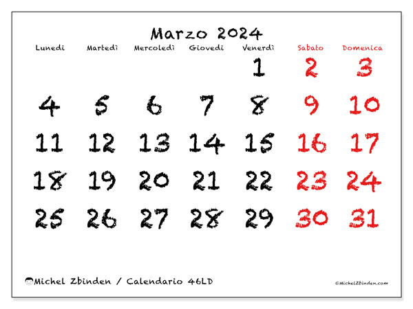 Calendario marzo 2024 “46”. Programma da stampare gratuito.. Da lunedì a domenica