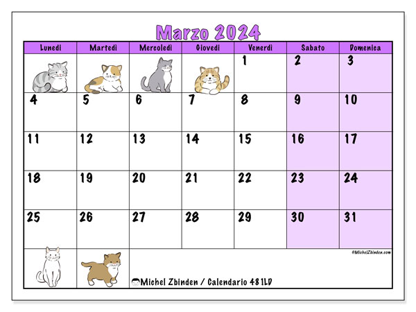 Calendario marzo 2024 “481”. Piano da stampare gratuito.. Da lunedì a domenica