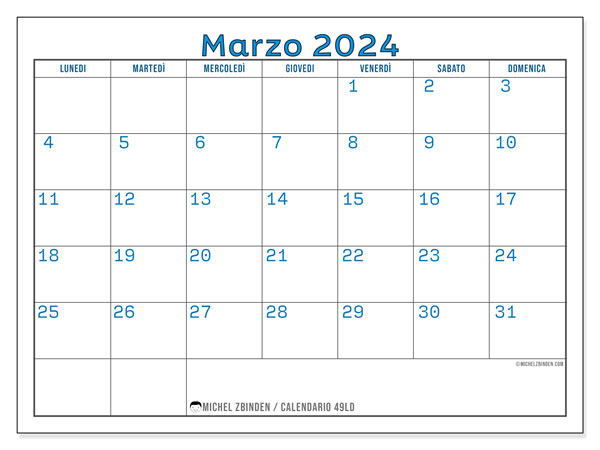 Calendario marzo 2024 “49”. Programma da stampare gratuito.. Da lunedì a domenica