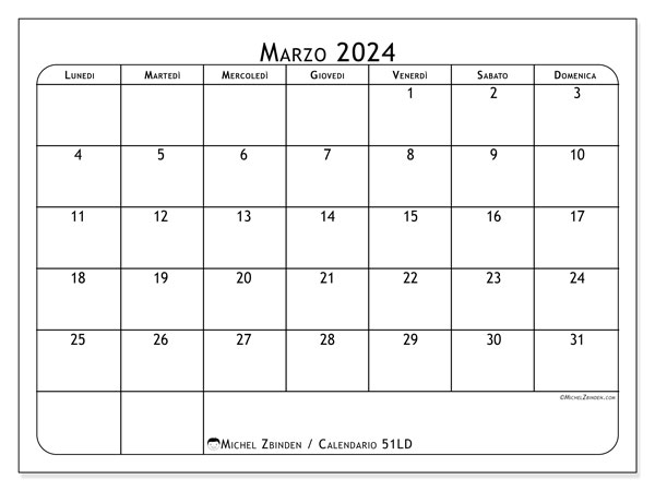 Calendario marzo 2024 “51”. Orario da stampare gratuito.. Da lunedì a domenica
