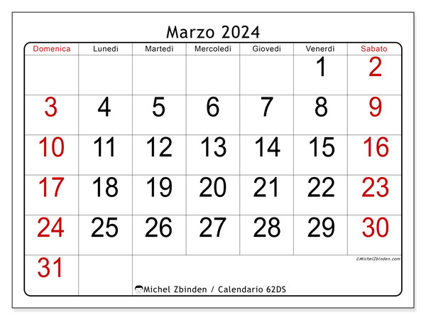 Calendario marzo 2024 “62”. Piano da stampare gratuito.. Da domenica a sabato