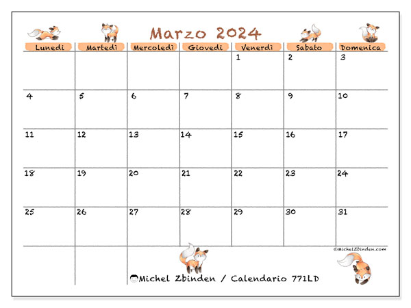 Calendario marzo 2024 “771”. Programma da stampare gratuito.. Da lunedì a domenica