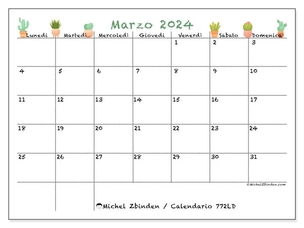 Calendario marzo 2024 “772”. Calendario da stampare gratuito.. Da lunedì a domenica