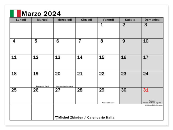 Calendário Março 2024 “Itália”. Horário gratuito para impressão.. Segunda a domingo