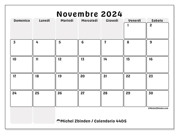 Calendario novembre 2024 “44”. Programma da stampare gratuito.. Da domenica a sabato