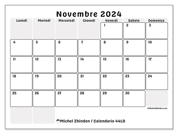 44LD, calendario novembre 2024, da stampare gratuitamente.