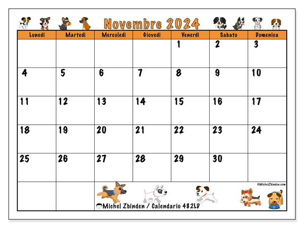 Calendario novembre 2024 “482”. Piano da stampare gratuito.. Da lunedì a domenica