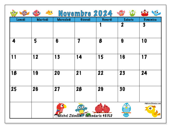 Calendario novembre 2024 “483”. Programma da stampare gratuito.. Da lunedì a domenica