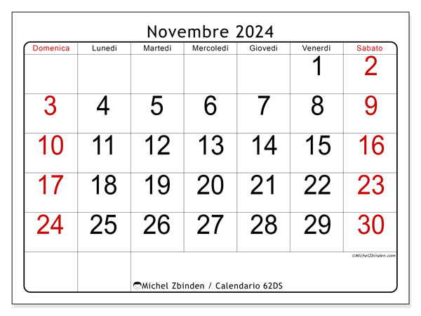 Calendario novembre 2024 “62”. Orario da stampare gratuito.. Da domenica a sabato