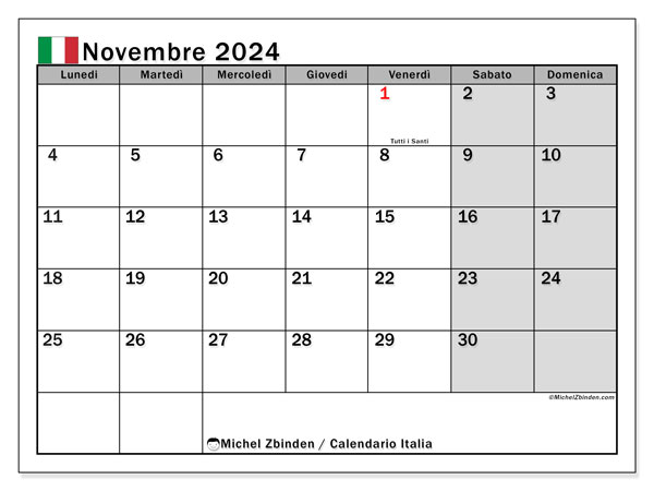 Calendario novembre 2024 “Italia”. Piano da stampare gratuito.. Da lunedì a domenica
