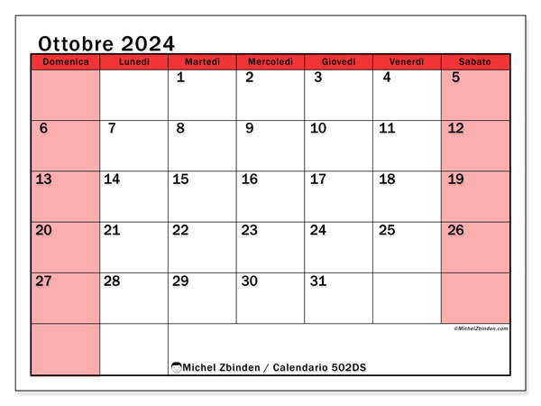 Calendario ottobre 2024 “502”. Piano da stampare gratuito.. Da domenica a sabato