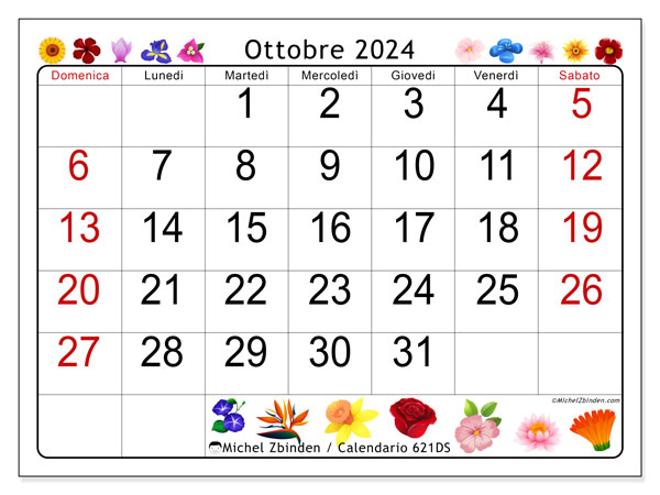 Calendario ottobre 2024 “621”. Orario da stampare gratuito.. Da domenica a sabato