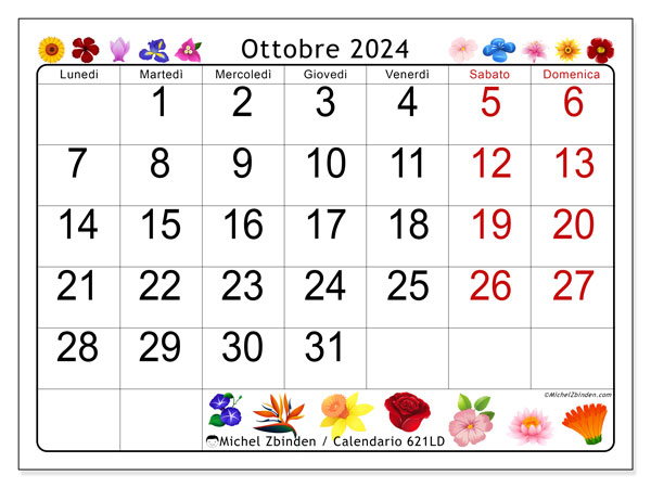 Calendario ottobre 2024 “621”. Orario da stampare gratuito.. Da lunedì a domenica