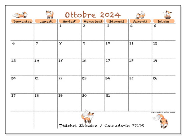 Calendario ottobre 2024 “771”. Orario da stampare gratuito.. Da domenica a sabato