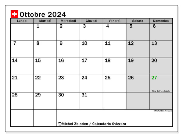 Calendario ottobre 2024 “Svizzera”. Piano da stampare gratuito.. Da lunedì a domenica