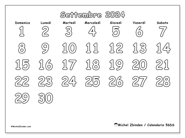 Calendario settembre 2024 “56”. Orario da stampare gratuito.. Da domenica a sabato