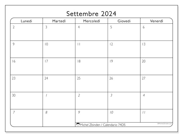 Calendario settembre 2024 “74”. Programma da stampare gratuito.. Da lunedì a venerdì