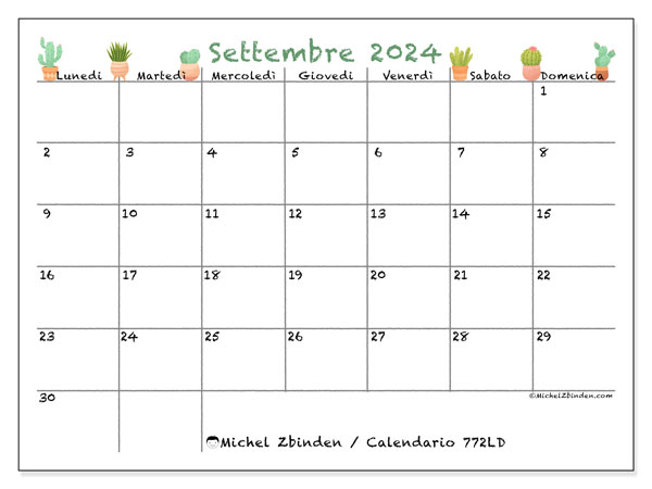 Calendario settembre 2024 “772”. Calendario da stampare gratuito.. Da lunedì a domenica