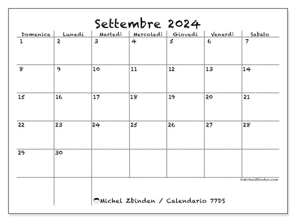Calendario settembre 2024 “77”. Piano da stampare gratuito.. Da domenica a sabato