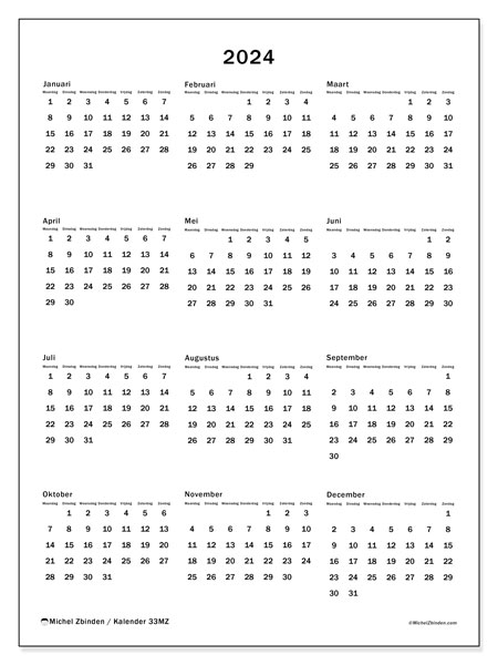 Kalender annuel 2024 “33”. Gratis af te drukken agenda.. Maandag tot zondag