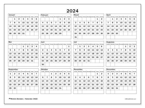 Kalender annuel 2024 “34”. Gratis afdrukbaar programma.. Zondag tot zaterdag