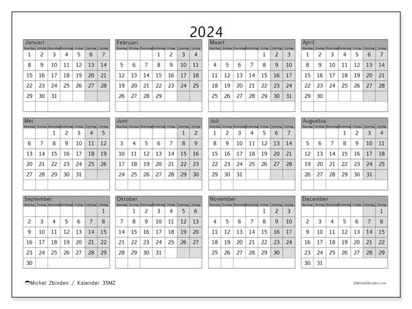 Kalender annuel 2024 “35”. Gratis printbare kaart.. Maandag tot zondag