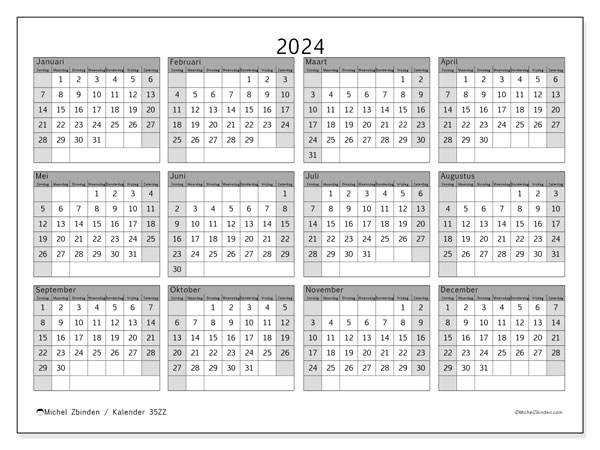 Kalender annuel 2024 “35”. Gratis printbare kaart.. Zondag tot zaterdag