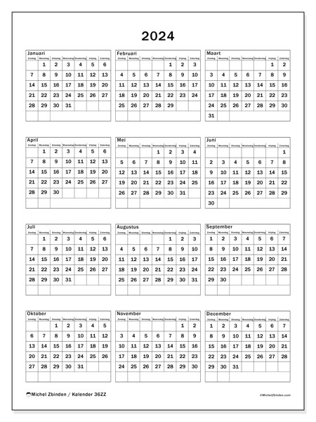 Kalender annuel 2024 “36”. Gratis afdrukbaar programma.. Zondag tot zaterdag