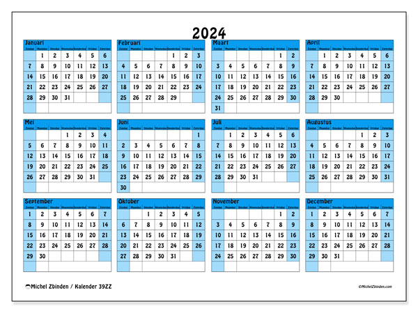 Kalender annuel 2024 “39”. Gratis afdrukbaar programma.. Zondag tot zaterdag