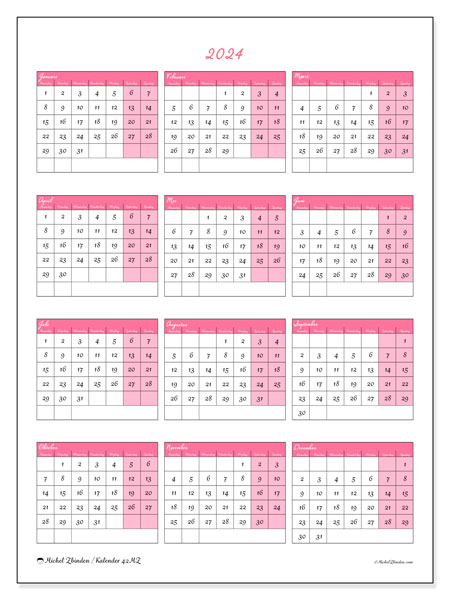 Kalender annuel 2024 “42”. Gratis printbaar schema.. Maandag tot zondag