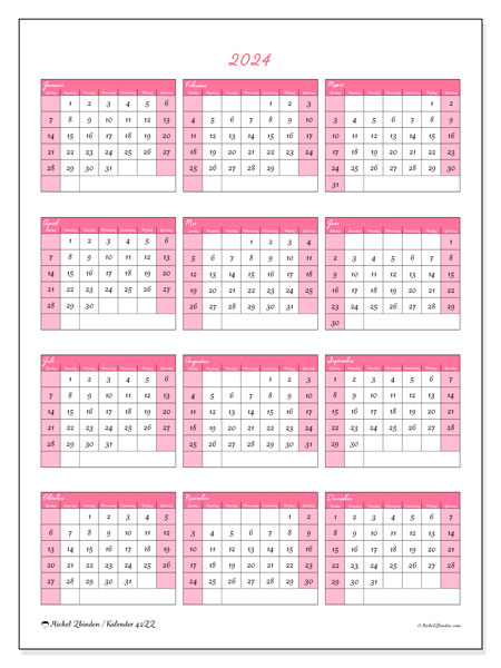 Kalender annuel 2024 “42”. Gratis printbaar schema.. Zondag tot zaterdag