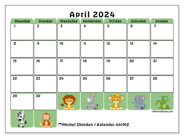 Kalender april 2024 “441”. Gratis printbare kaart.. Maandag tot zondag