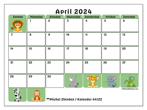 Kalender april 2024 “441”. Gratis printbare kaart.. Zondag tot zaterdag