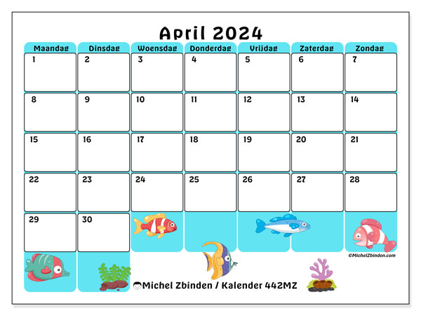 Kalender april 2024 “442”. Gratis afdrukbaar programma.. Maandag tot zondag