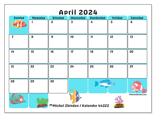 Kalender april 2024 “442”. Gratis afdrukbaar programma.. Zondag tot zaterdag
