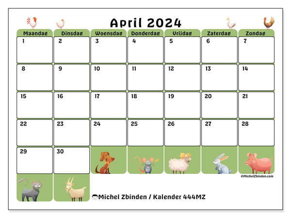 Kalender april 2024 “444”. Gratis printbaar schema.. Maandag tot zondag