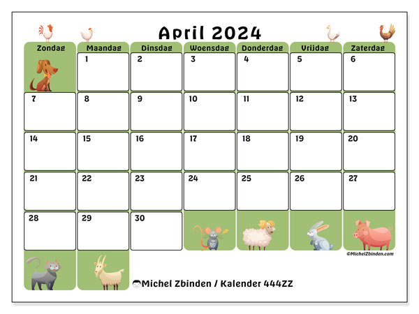 Kalender april 2024 “444”. Gratis printbaar schema.. Zondag tot zaterdag