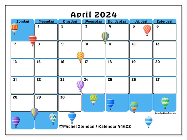 Kalender april 2024 “446”. Gratis printbaar schema.. Zondag tot zaterdag