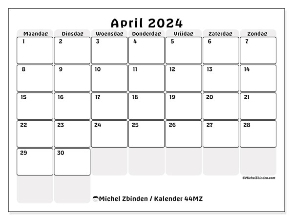 Kalender april 2024 “44”. Gratis af te drukken agenda.. Maandag tot zondag