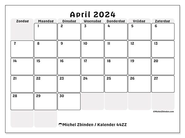 Kalender april 2024 “44”. Gratis af te drukken agenda.. Zondag tot zaterdag