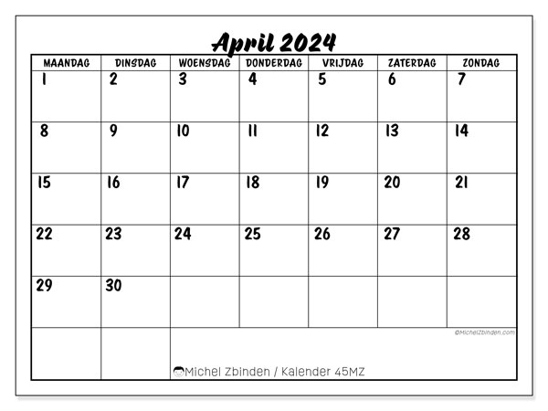 Kalender april 2024, 45ZZ. Gratis printbaar schema.
